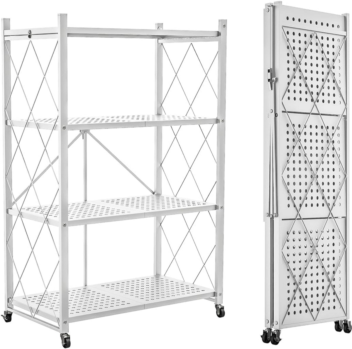 4-laags opvouwbare opbergplank met wielen - metalen rek voor boeken, keuken en kantoor - wit