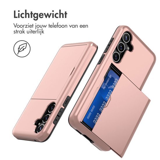 Roze telefoonhoesje met kaartvak en een telefoon met open kaartvak, toont knoppen en camera.