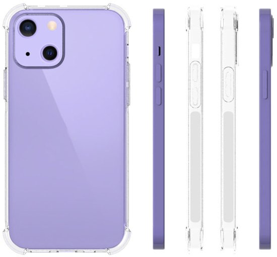 Paarse iPhone 13 Mini met transparante hoes, zijaanzichten.