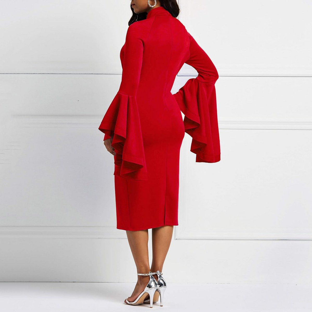 Lange Mouwen Flare Jurk Dames - Bodycon Jurk met Ruches en Opgestikte Zoom - Feestjurk