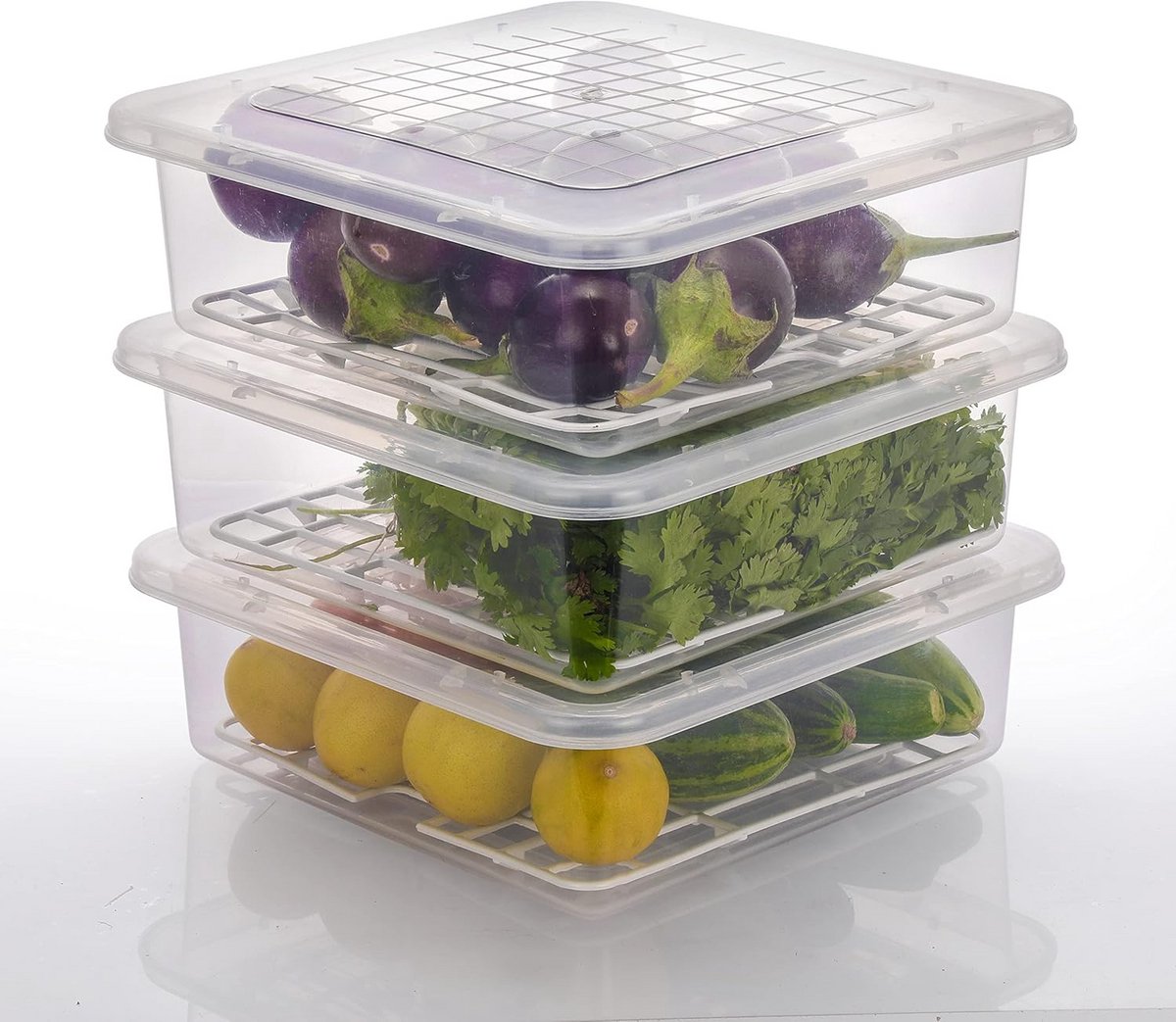 Stapelbare Koelkastcontainers met Lekbak en Deksel - 3 Stuks Vershoudbakken voor Vlees, Groenten en Fruit (2500ml)