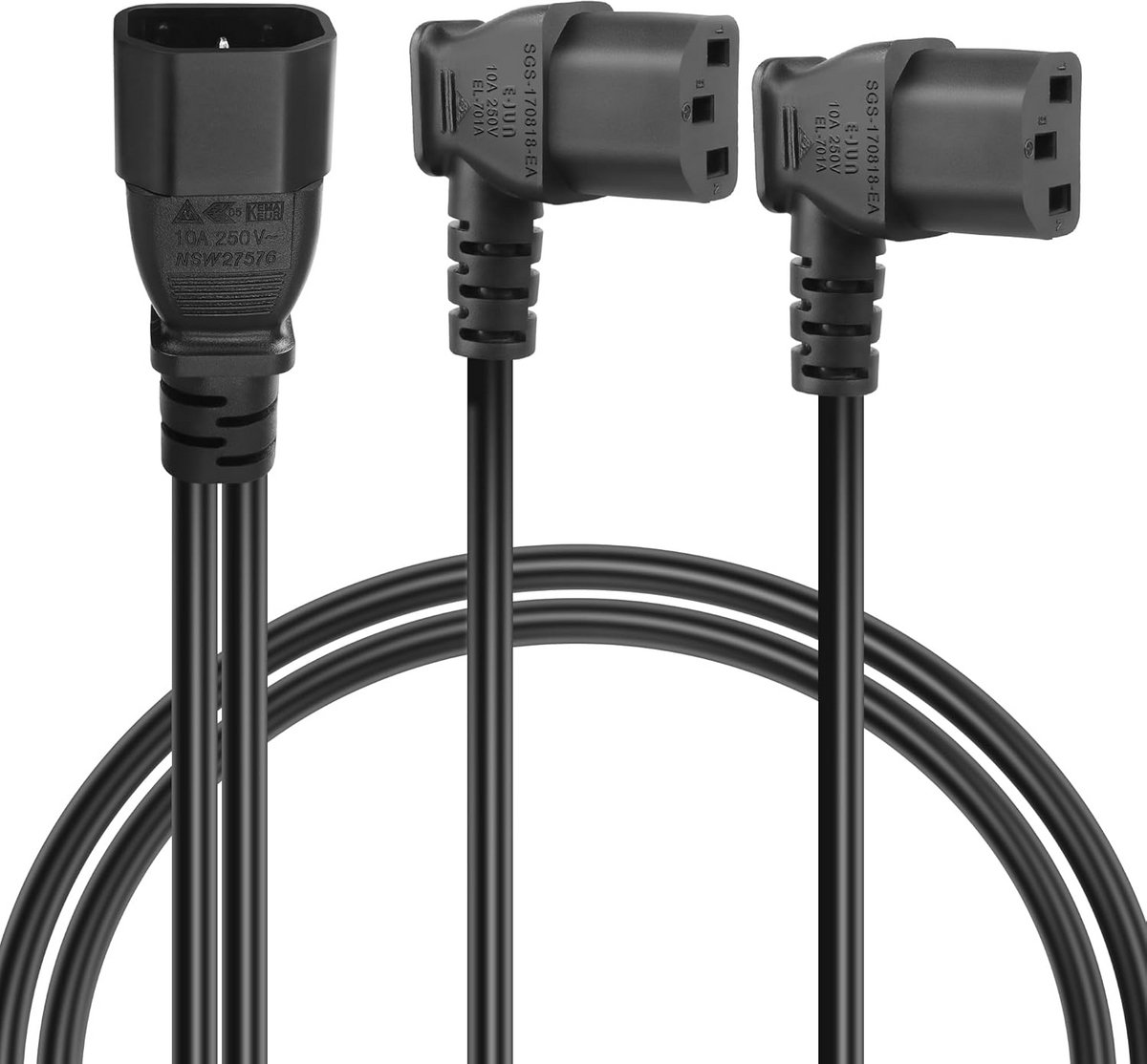 Voeding Splitter Kabel C14 Stekker naar 2x C13 Bus - 90 Graden Hoek Stroomverlengkabel 0.5m