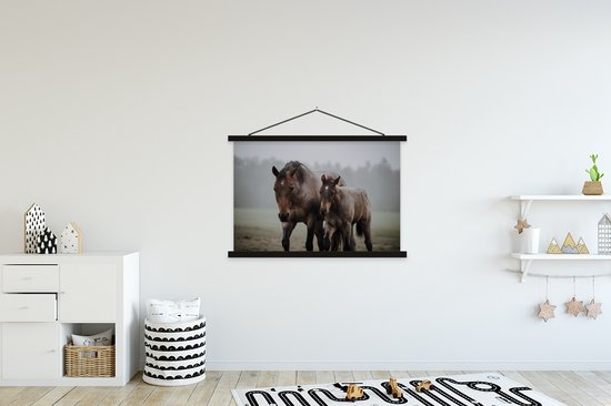 Porte-affiche avec affiche - Affiche scolaire - Paarden - Brouillard - Herbe - 150x100 cm - Lattes noires