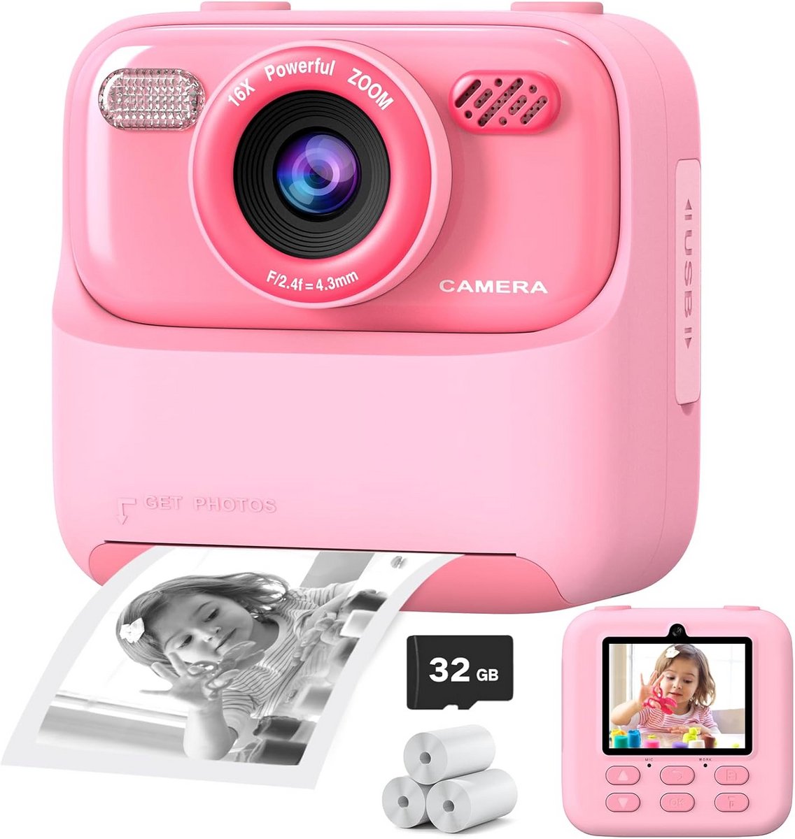 Kindercamera met Directe Fotoprinter HD Selfie Digitale Speelgoedcamera met Geheugenkaart Cadeau