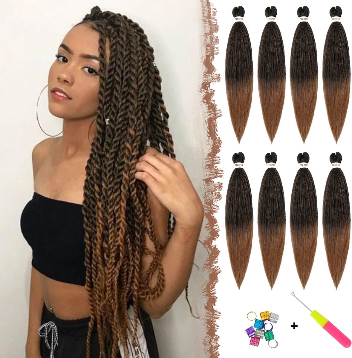 Voorgerekt Vlechthaar Synthetisch Ombre Yaki Textuur voor Box Braids 66 cm 8 Stuks