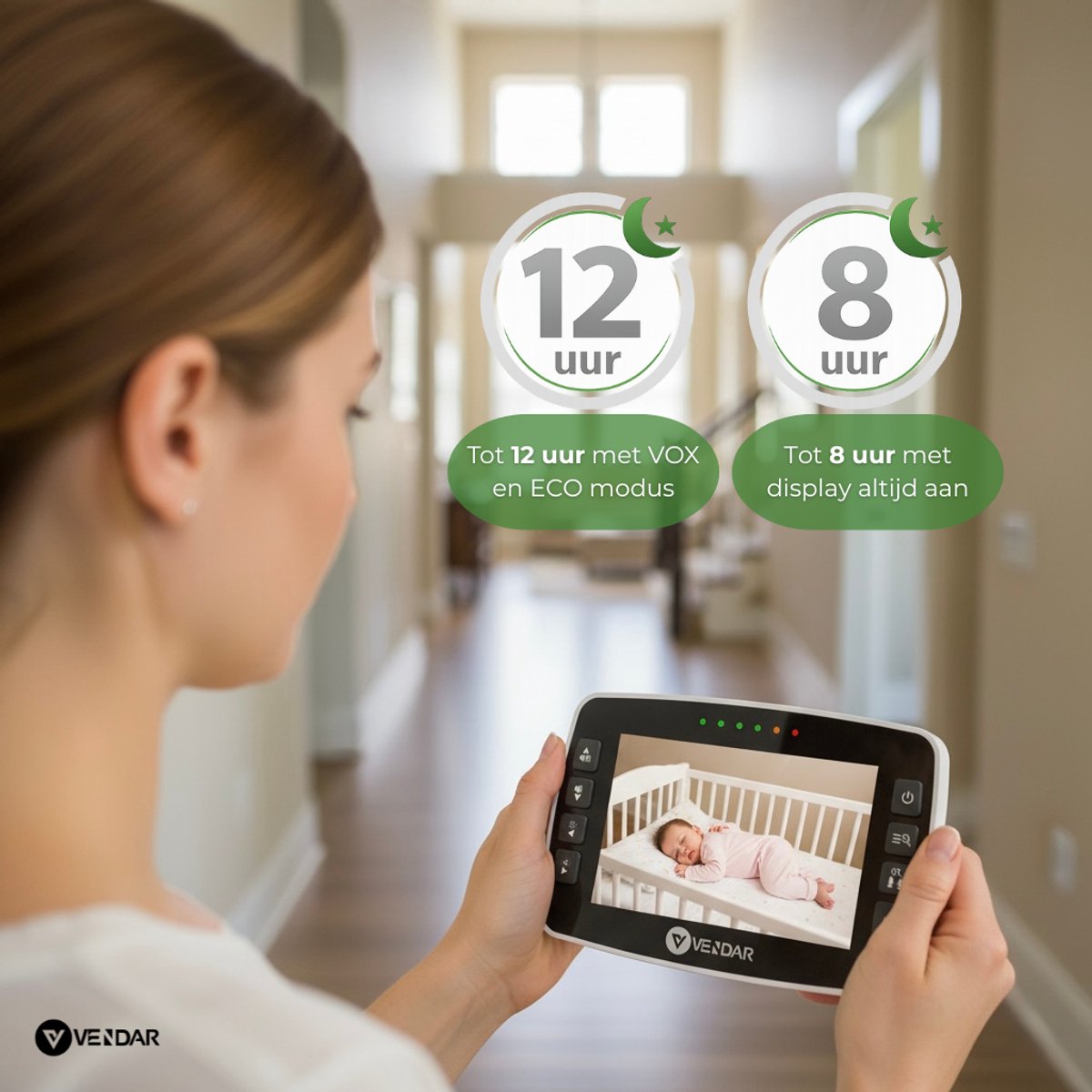 Vendar® Babyfoon PRO - Babyfoon met camera - Nachtzicht & Zoom - Op afstand bestuurbaar - Video & Audio - ECO Mode - Baby monitor 4.3 Inch – foto 5