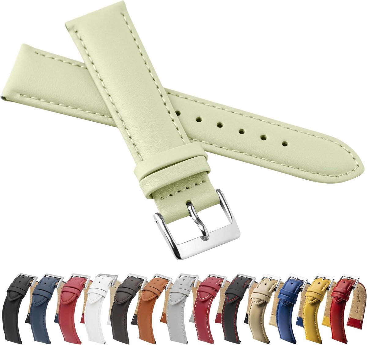 Horlogeband Echt Leer Glad Met Zilveren Sluiting Verkrijgbaar In Diverse Kleuren