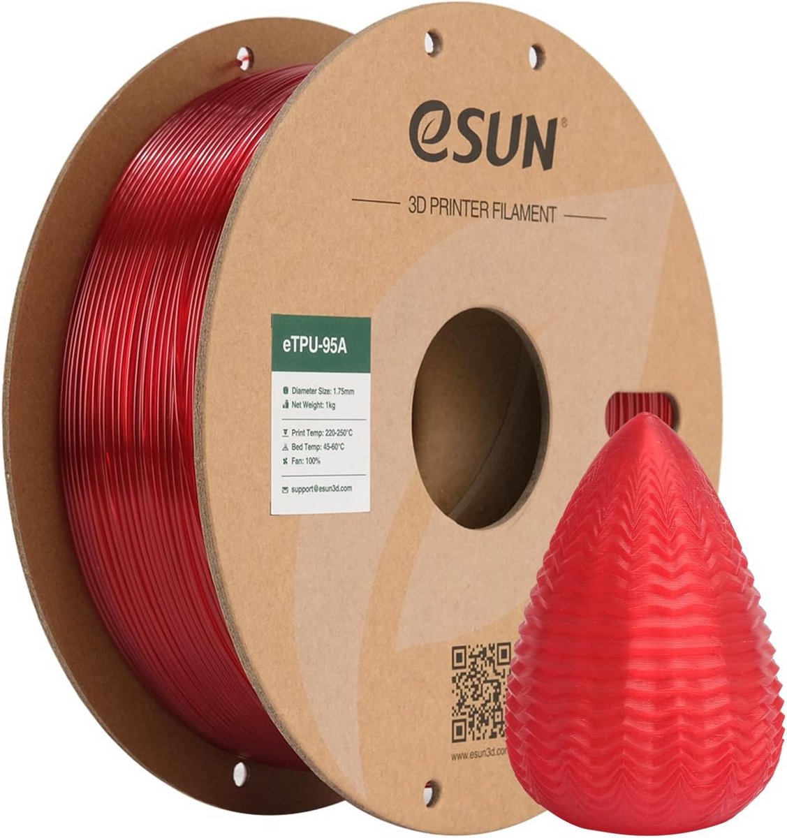 Flexibel TPU 95A Filament 1.75mm voor 3D Printer - Transparant Rood 1KG