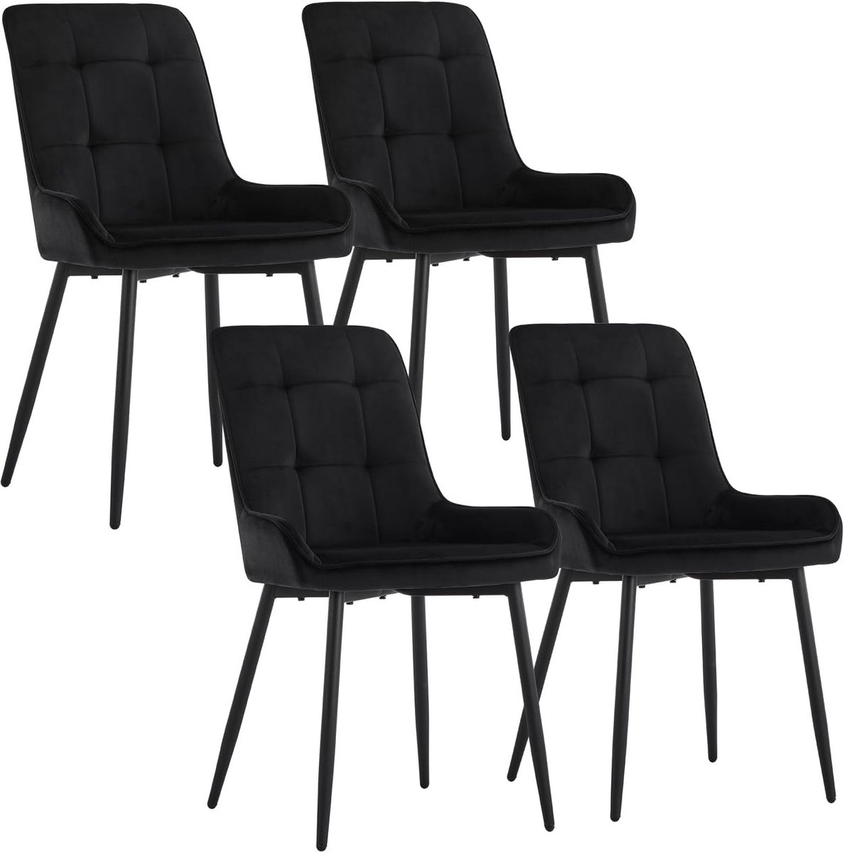 Set van 4 Zwarte Fluwelen Eetkamerstoelen met Zachte Rugleuning en Metalen Poten