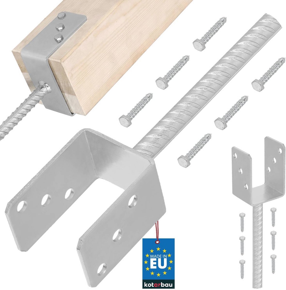 U-paaldrager voor beton, 71 mm, geribbeld staal, betonanker voor houten palen, thermisch verzinkt, vaste bodemhuls