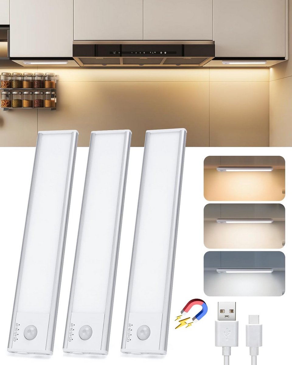 Oplaadbare LED Keukenlampen met Bewegingssensor - 3 Stuks Magnetische Kastverlichting