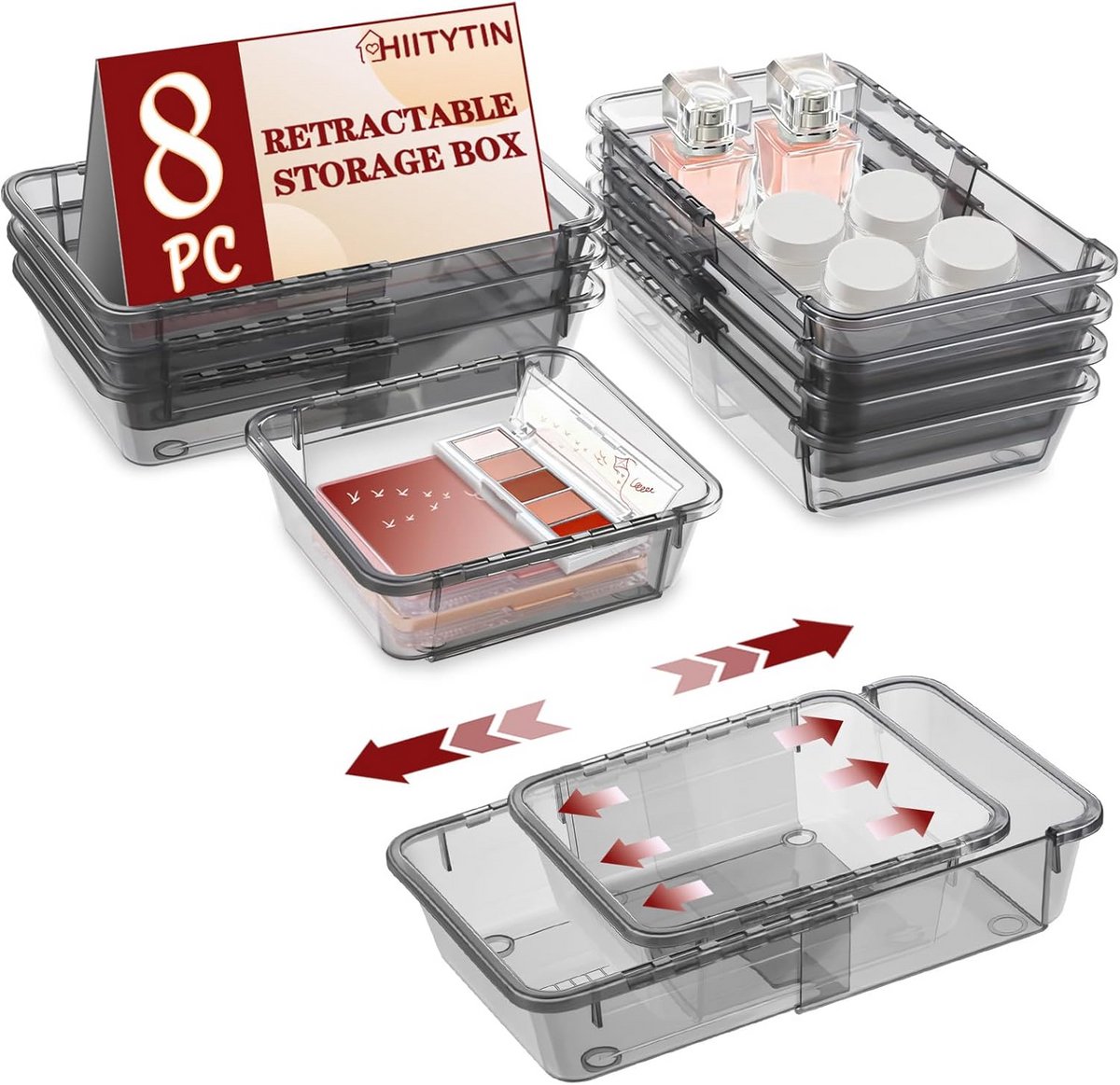 8 Stuks Zwarte Uitbreidbare Ladeorganisator voor Make-up, Sieraden en Keukenaccessoires