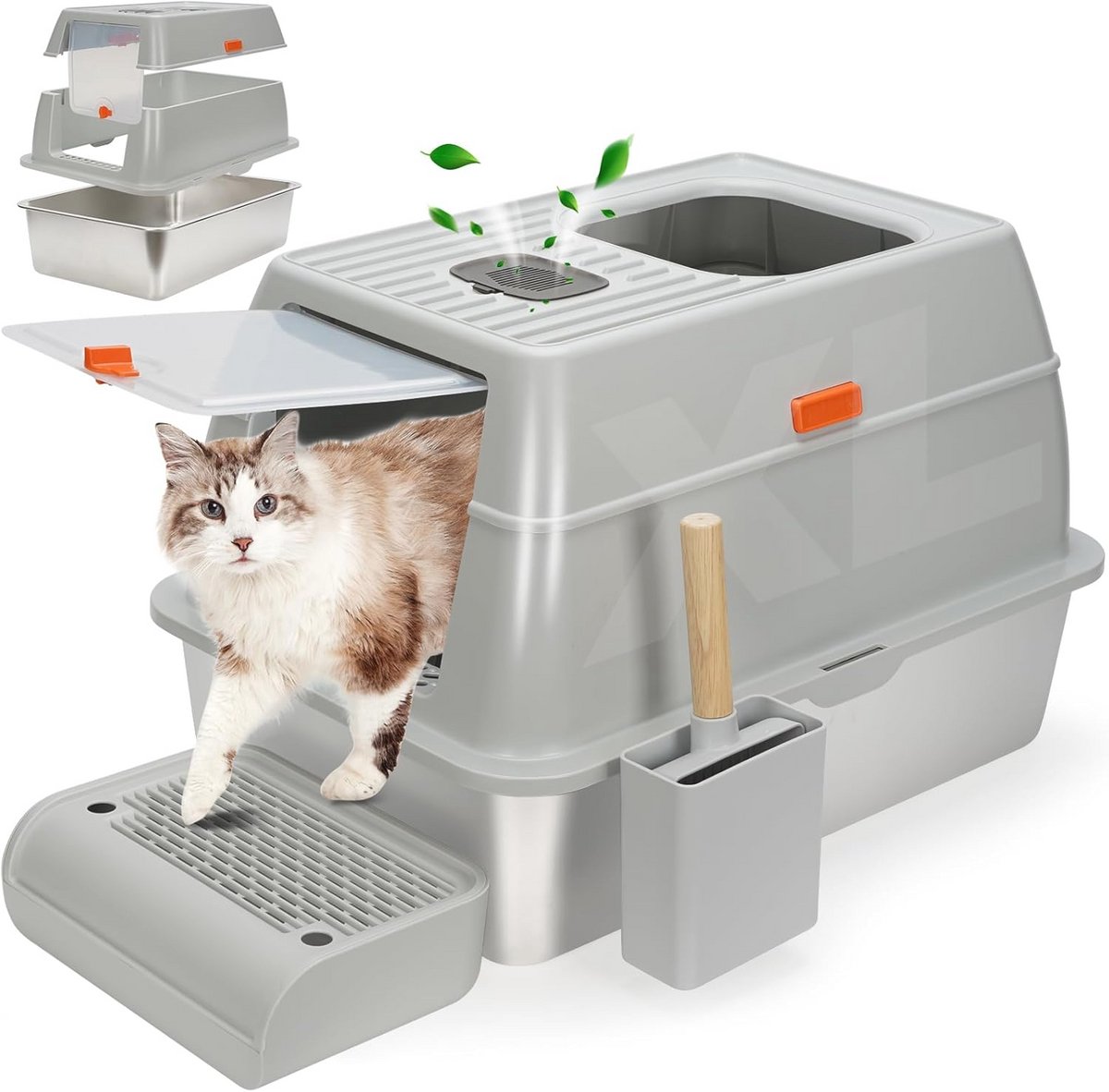 Roestvrijstalen kattenbak met deksel voor grote katten - Hoogwandige, afgesloten kattenbak met dubbele toegang