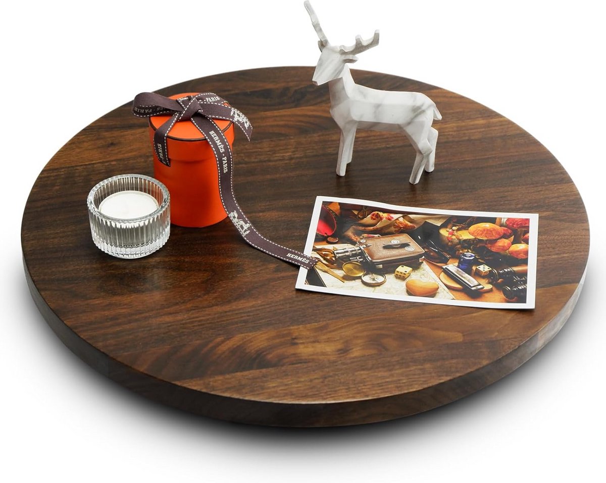 Ronde Houten Draaiplateau 38 cm - Grote Walnoothouten Serveertafel