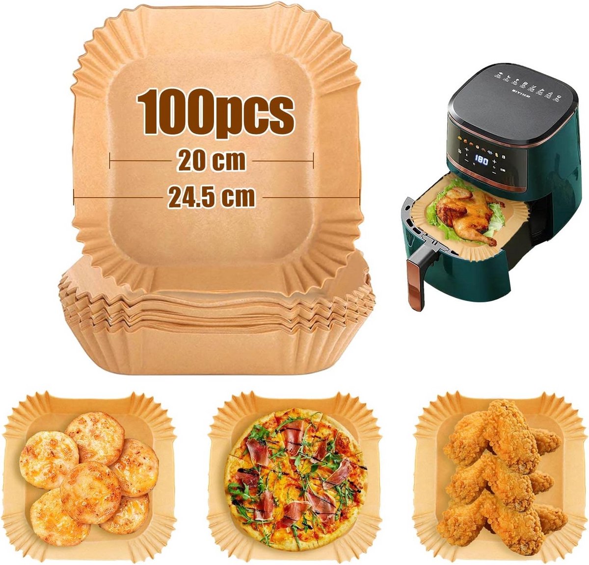 100 Stuks Bakpapier Inzetstukken voor Heteluchtfriteuse en Airfryer, 20cm