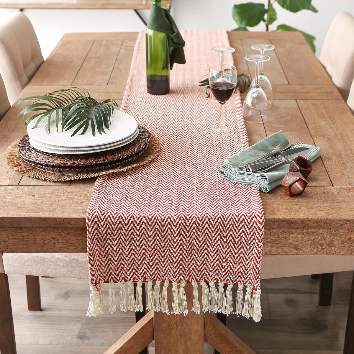 Geweven Tafelloper Chevron Barn Red - Katoen Tafel Runner 38x183 cm