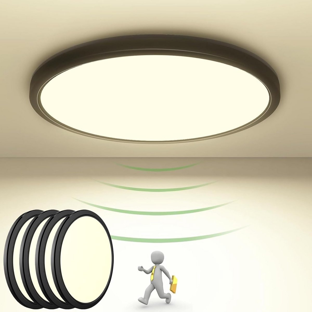 Ronde LED Plafondlamp met Bewegingssensor - 22 cm, 1800 Lumen, 4000K, IP44 - Set van 4 Binnen- en Wandlampen