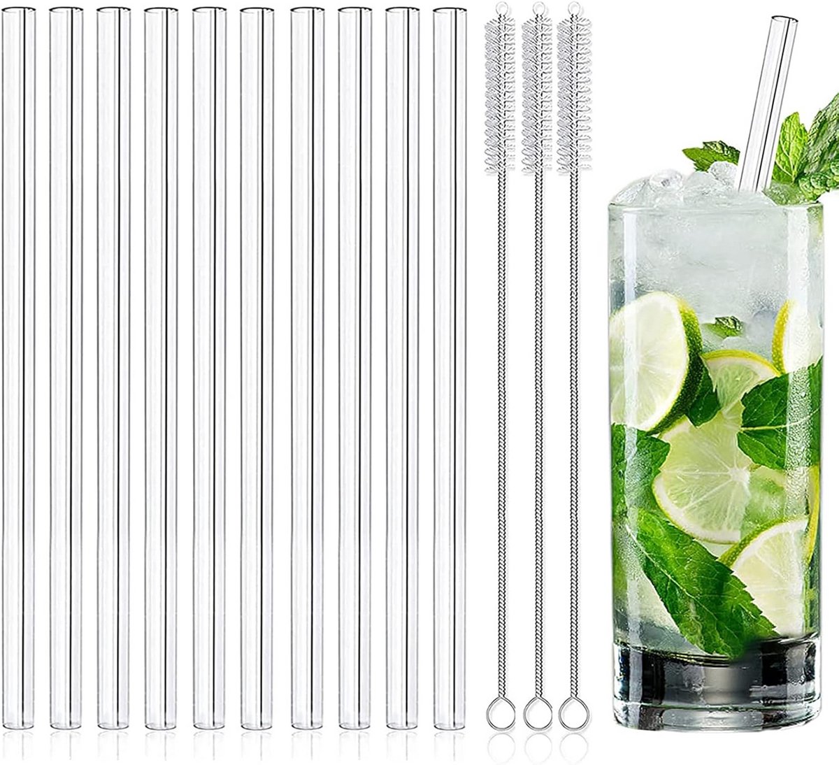 10 Lange Glazen Rietjes Set - Vaatwasmachinebestendig voor Smoothies en Cocktails