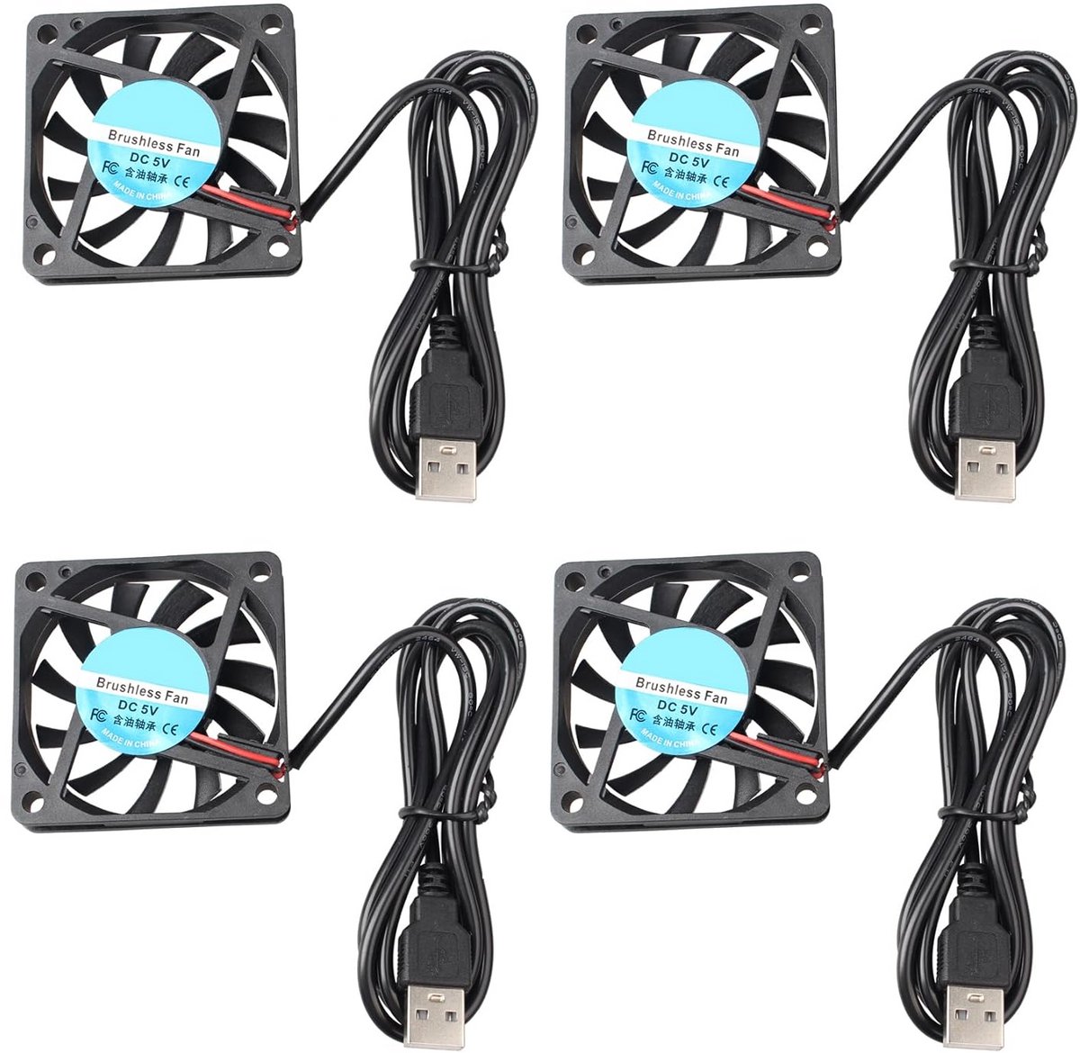 Set van 4 Stille Koelventilatoren 60x60x10mm 5V DC voor Computer, 3D Printer en Elektronica