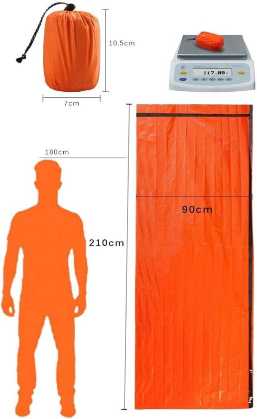 Nood slaapzak - Bivakzak reddingsdeken - Buiten overleven - Houdt lichaamswarmte vast - 91 x 213 cm - Oranje — afbeelding 4