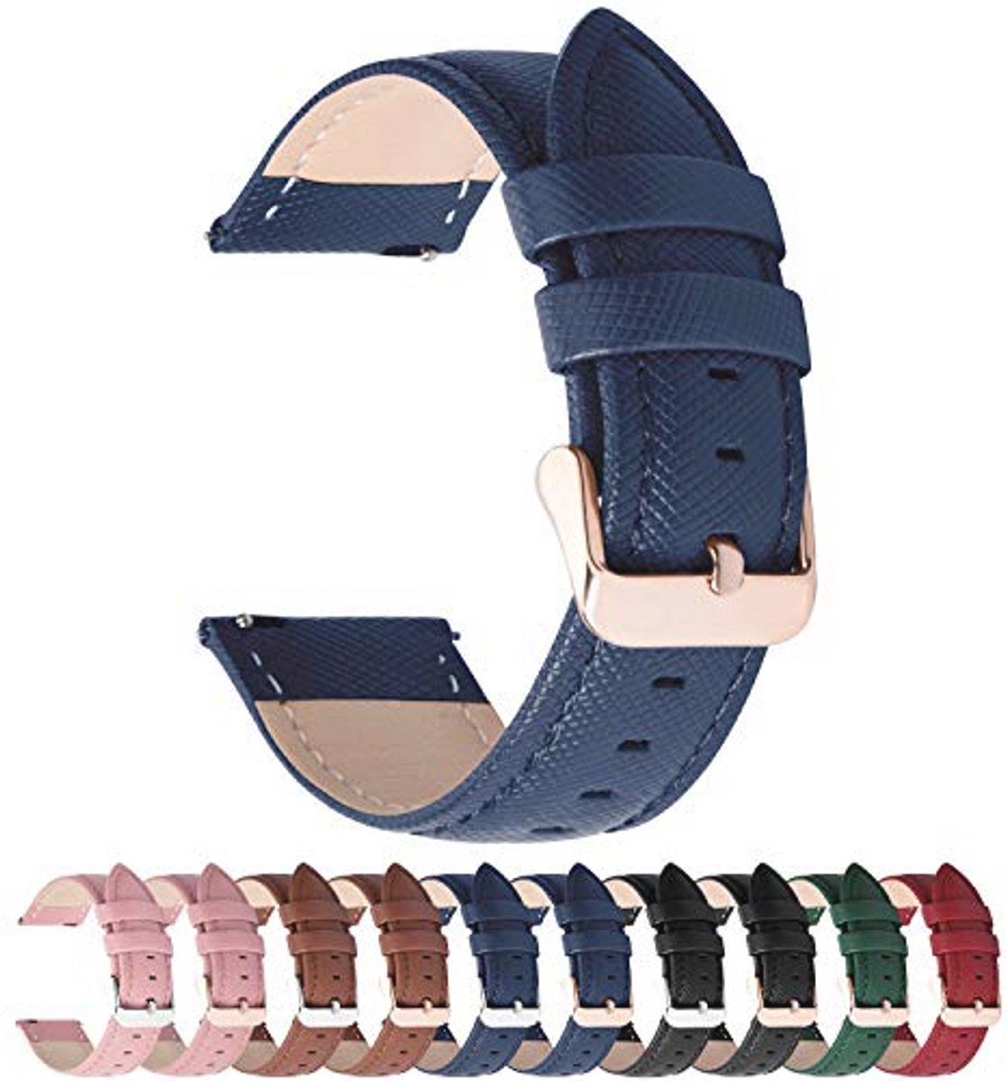 20mm leren horlogeband - vervangband voor smartwatch met RVS sluiting - donkerblauw en roségouden gesp