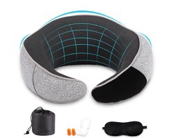 Nackenkussen Travel Pillow - Memory Foam Neck Pillow met Verstelbare Koord - Incl. Oogmasker, Oordopjes & Opbergtas - Lichtgrijs - Voor Vliegtuig, Auto, Trein en Kantoor