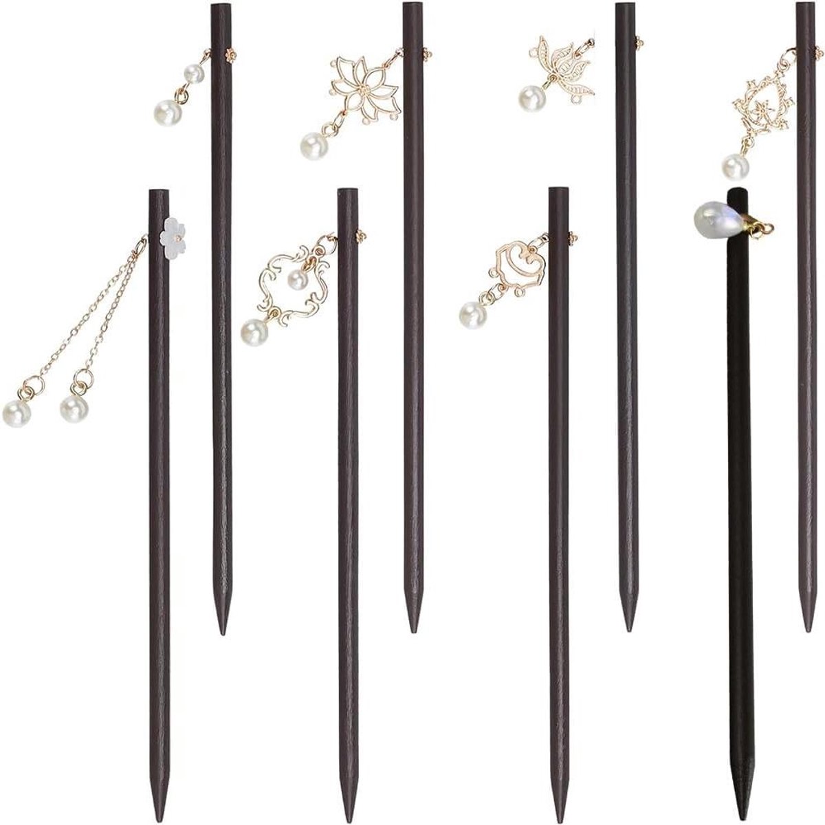 TTGoods - Houten Haarstaaf Met Kralen - Decoratieve Haarknophouder - Lang Haar - 8 Stuks