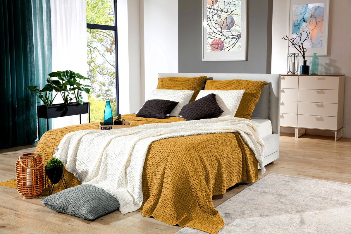 Dekoratieve Wafelkatoen Bedsprei 240x260cm Mosterdgeel