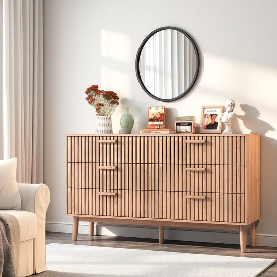 Commode ROSAHQNDA pour chambre à coucher, 6 tiroirs, meuble de chambre couleur bois, armoire de rangement, Pieds en bois Massief , commode pour bureau et salon