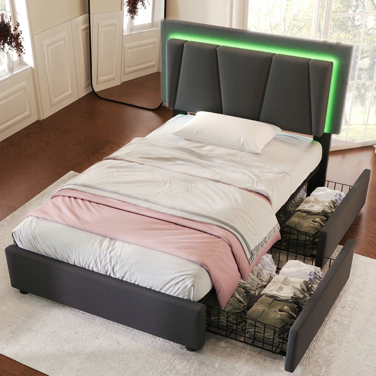 VVBV Bed van 90x200 cm met opbergruimte, ledverlichting en 2 lades - Eenpersoonsbed Gestoffeerd bed met in hoogte verstelbaar hoofdbord - Linnen - Grijs Grey