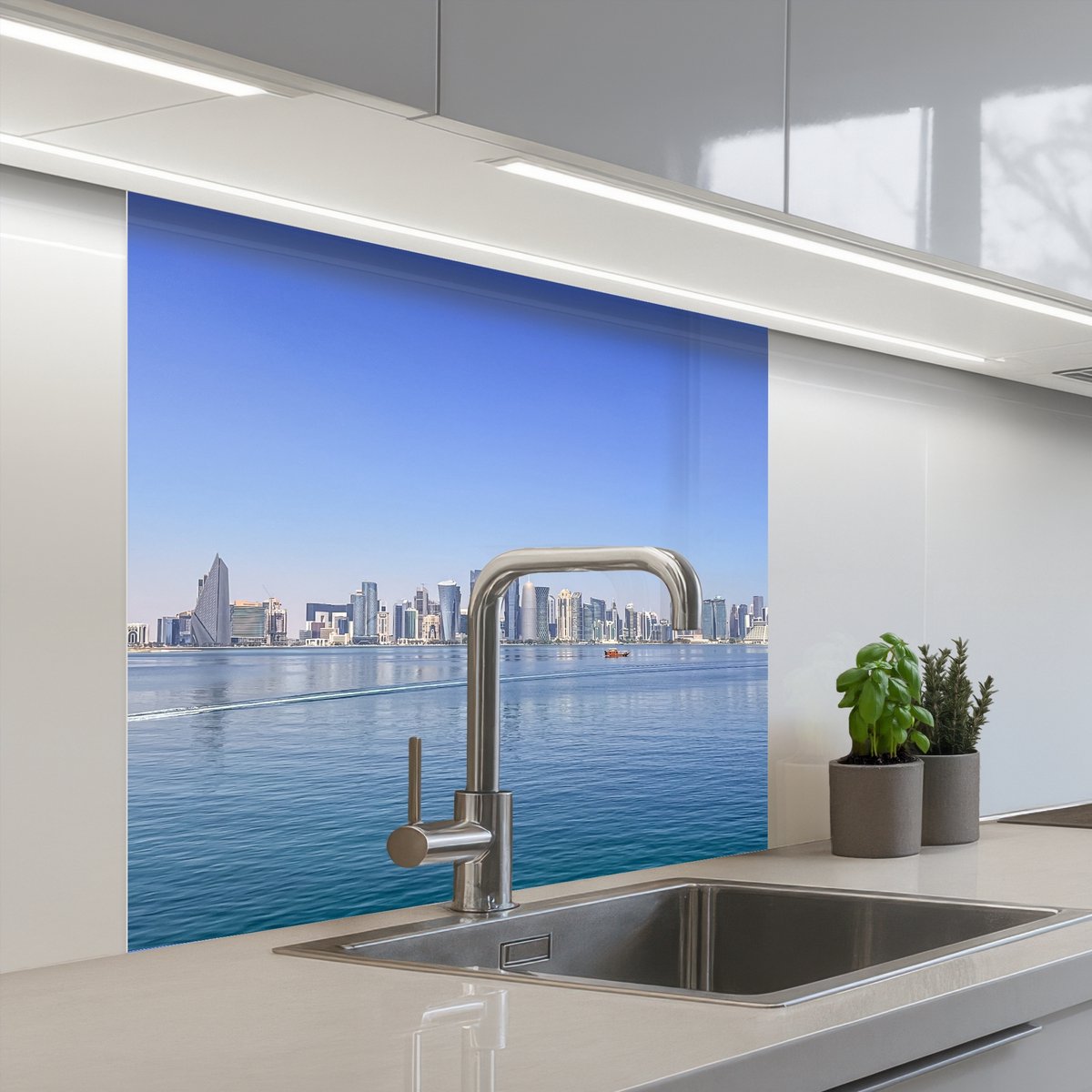 Keuken achterwand 80x80 cm - Spatscherm zelfklevend Skyline - Blauw - Zee - Gebouwen - Stad - Muurbeschermer - Spatwand fornuis