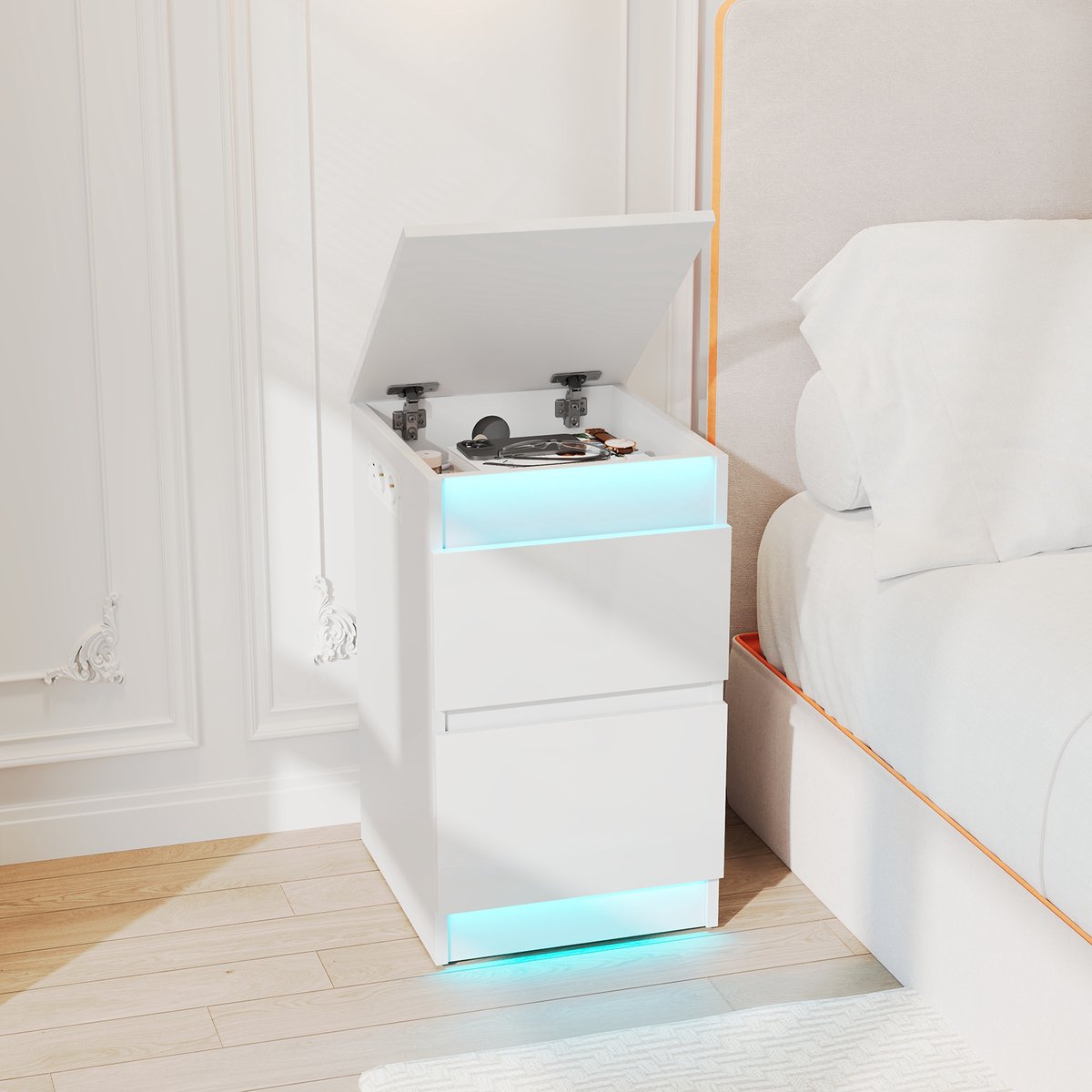 Nachtkastje - met twee lades - met verlichting en oplaadstation (2 stopcontacten/2 USB-poorten) - houten bijzettafel - klapdeksel - Europese stekker - geschikt voor slaapkamers en woonkamers - wit