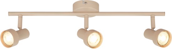 Un plafonnier beige à trois lampes sur une barre droite, isolé sur fond blanc.