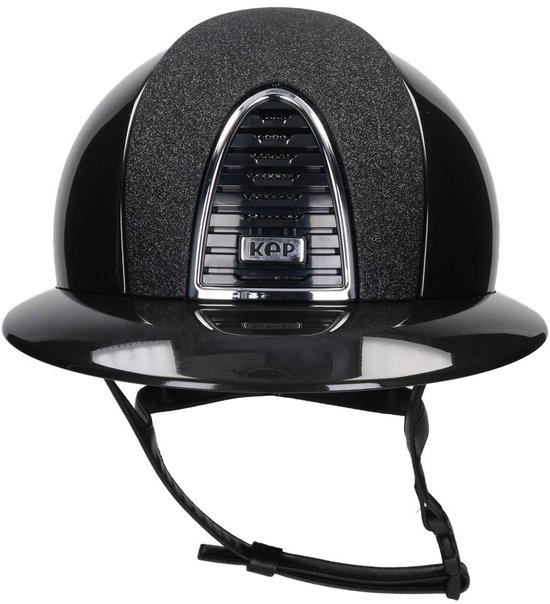 Zwarte rijhelm met glanzende afwerking en glinsterend paneel, inclusief ventilatierooster met KEP-logo.