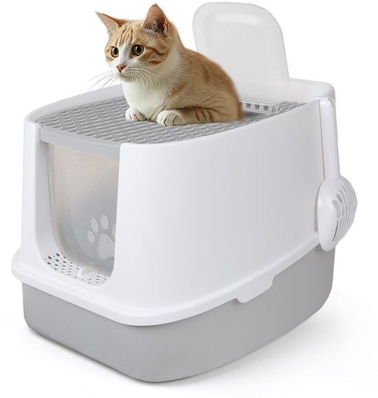 CALIYO Kattenbak - Kattentoilet - Dubbele deur structuur- Kattenbak Schep - Matje - 51 x 45 x 40 cm - Grijs/Wit