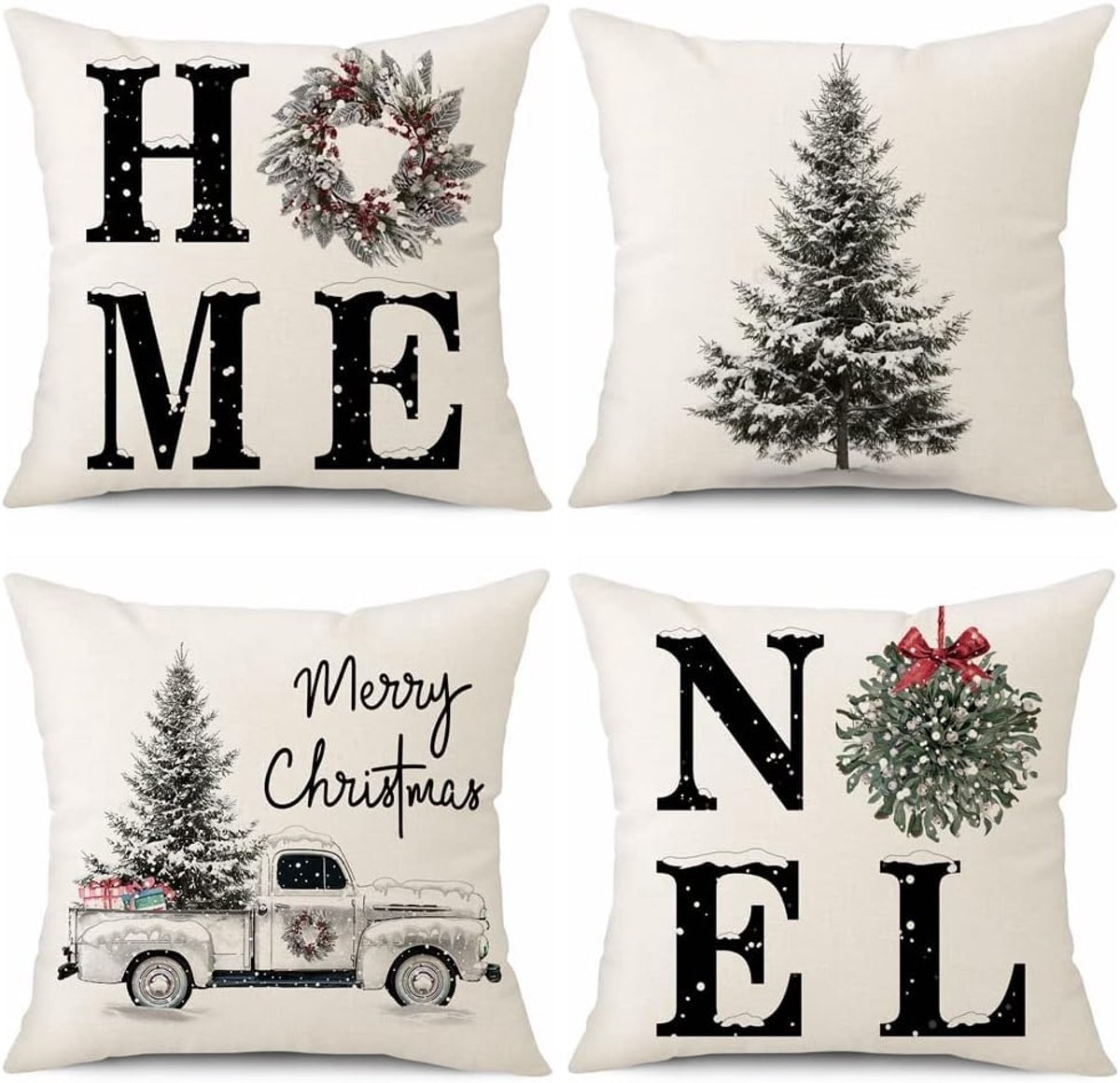 Unyqoos Set van 4 decoratieve kussenhoezen met kerstmotief voor huisdecoratie wit