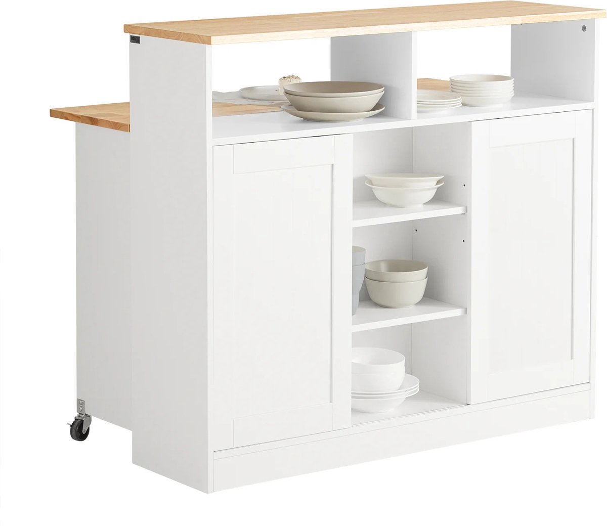 Keukeneiland - Verplaatsbaar - Keukenkast - Dressoir - Organizer - Kasten - Houten Werkblad - Wit