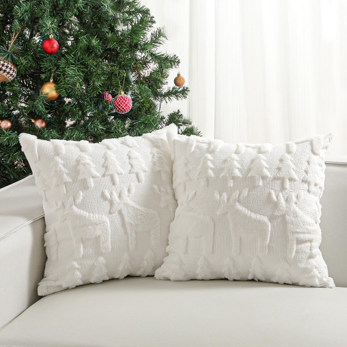 Unyqoos Set van 2 zachte witte kussenhoezen met 3D kerstmotief en verborgen rits