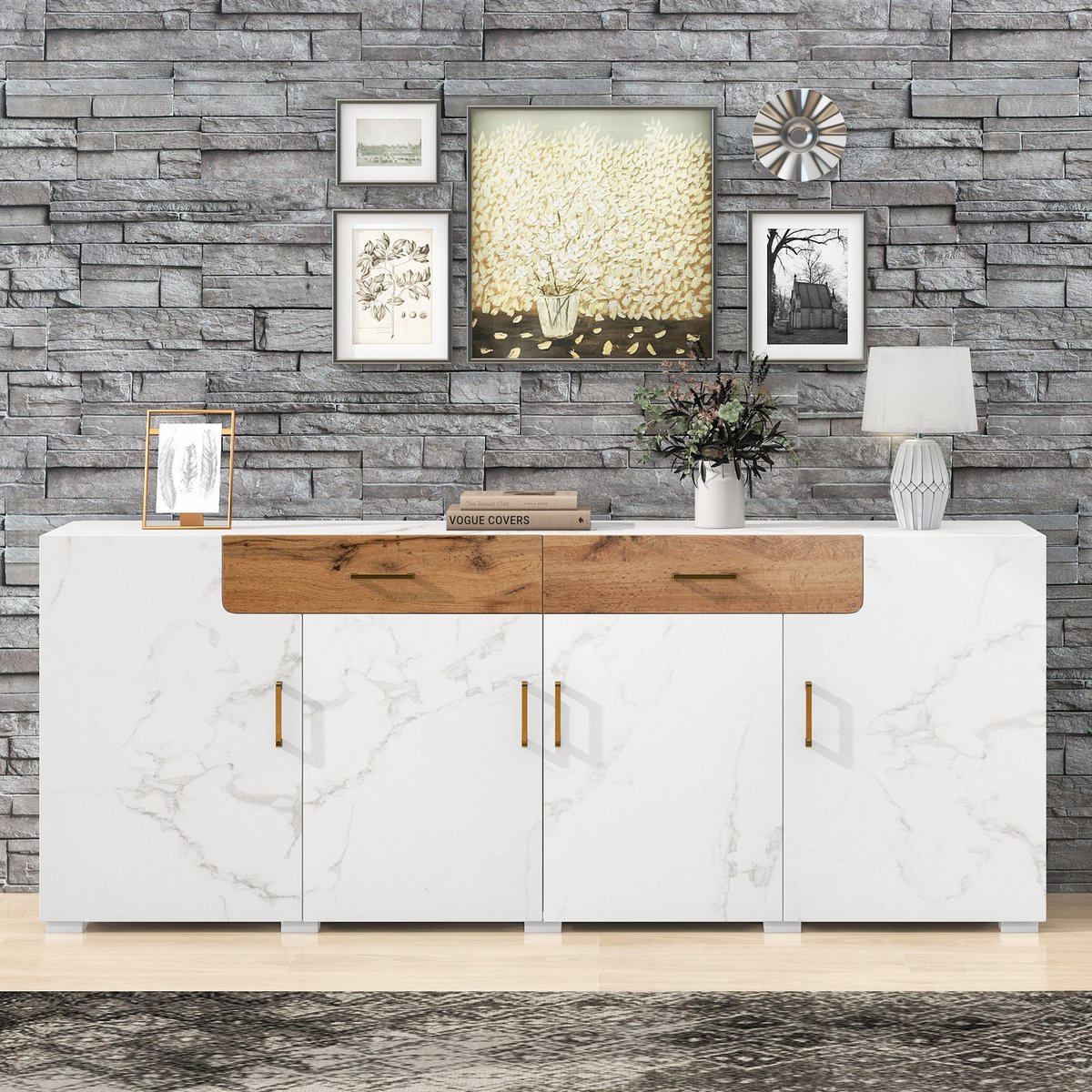 MODFU Dressoir – 208x39,5x80 cm – 4 deuren en 2 lades – Ruime buffetkast – Voor keuken, eetkamer of woonkamer – Marmerlook & eiken accenten – Moderne opbergkast met metalen handgrepen Wit