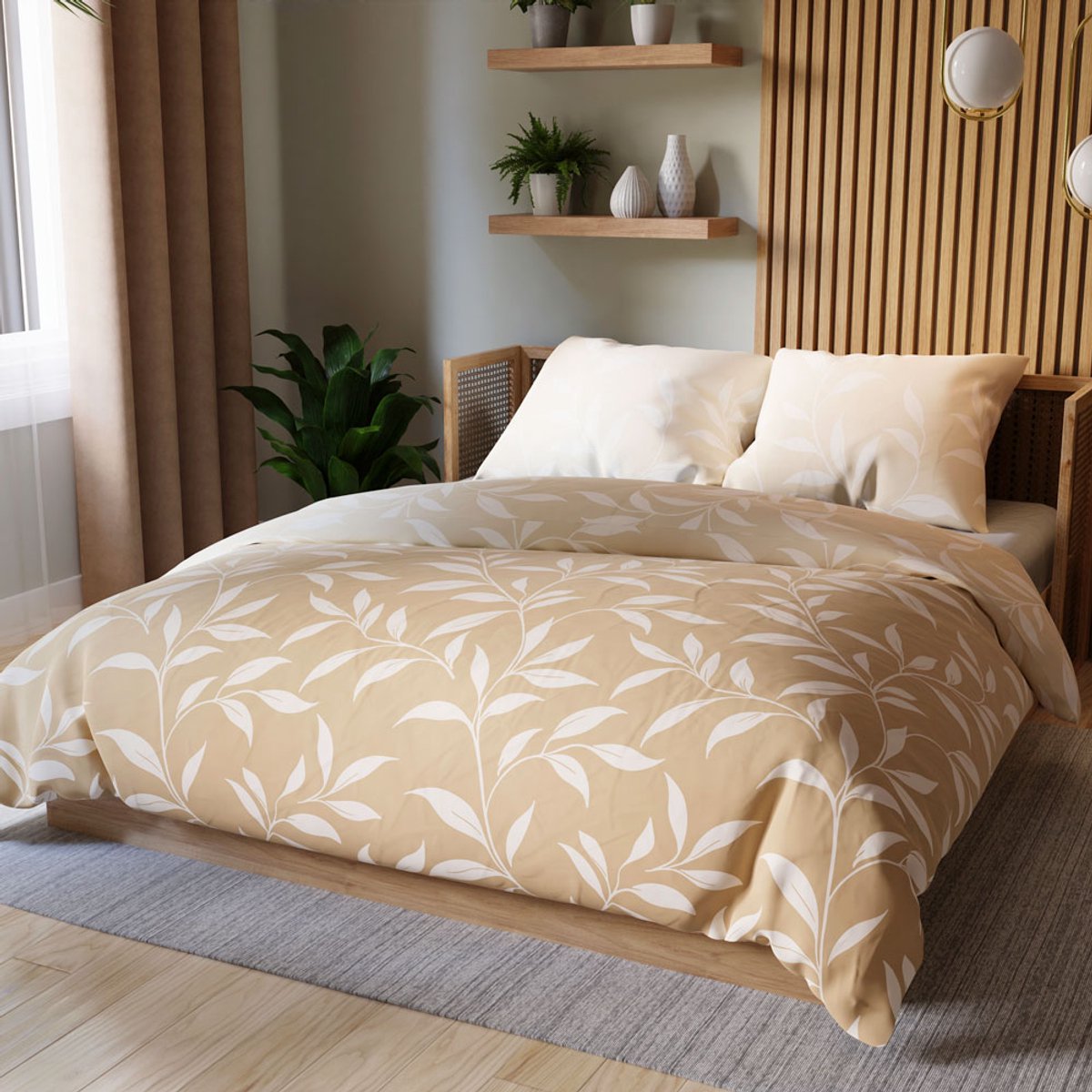 Markizeta IRMA Serie - Satijnen Katoenen Dekbedovertrek - Beige - Plantenmotief - 220x200 cm