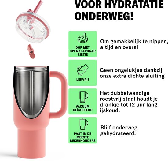 Waterdrop® Explorer Thermo Drinkbeker 1,1 L - 12 uur koud - Drinkbeker met rietje, handvat en lekvrij deksel - Perfect voor ijskoude dranken- zachtroze - Drinkfles - Waterfles