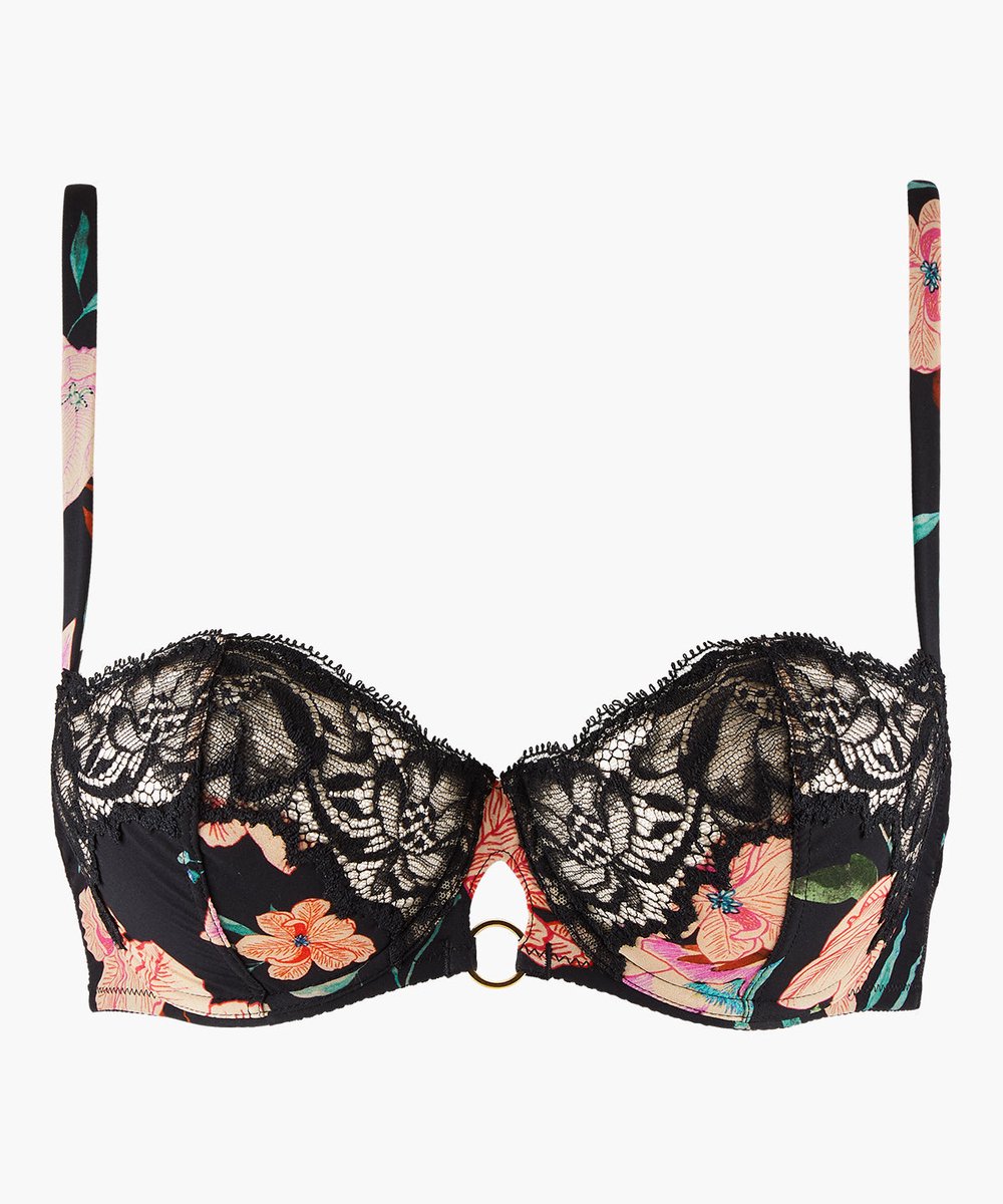 Aubade Sweet Folk balconette bh met bloemenprint en kant - Zwart