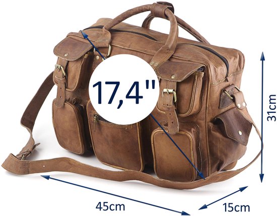 Sac en cuir marron mesurant 45cm x 15cm x 31cm avec une poche de 17,4 pouces.