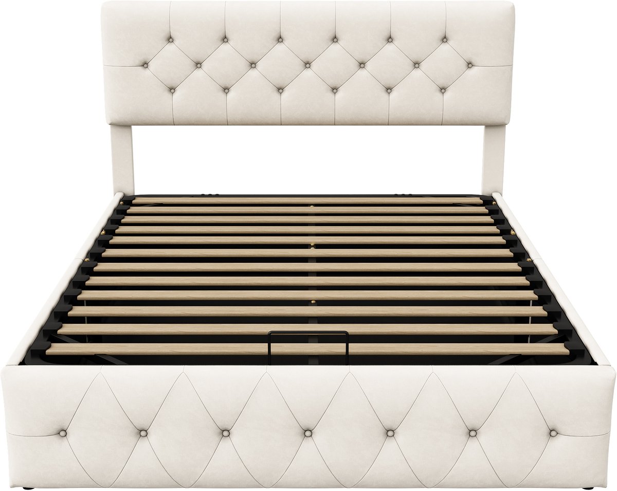 Beige Fluwelen Hydraulisch Bed 160x200 cm – Tweepersoons Opbergbed met Verstelbaar Hoofdeinde thumbnail 4