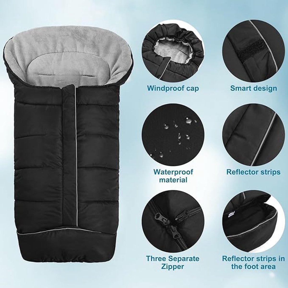Voetenzak voor kinderwagen-Voetenzak wintervoetenzak voor kinderwagen, universele babyvoetenzak, buggy, winter, met ritssluiting, reflecterende strepen, waterdicht, voor sportwagen, jogger, buggy, zwart – foto 3