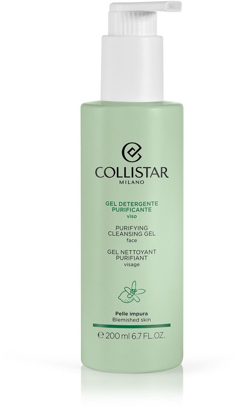 Lichtgroene Collistar Purifying Cleansing Gel fles met witte pompdispenser. Tekst in het Italiaans, Engels en Frans.