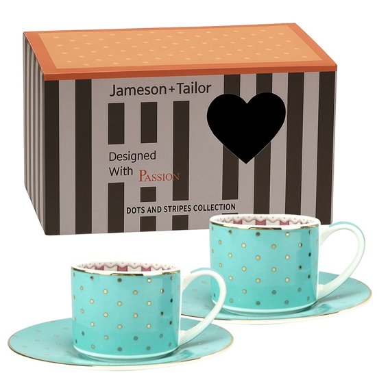 Tasses à expresso élégantes avec soucoupe 90 ml – Turquoise à pois dorés – Coffret cadeau de Luxe – Perfect pour les amateurs d'expresso et de Cappuccino