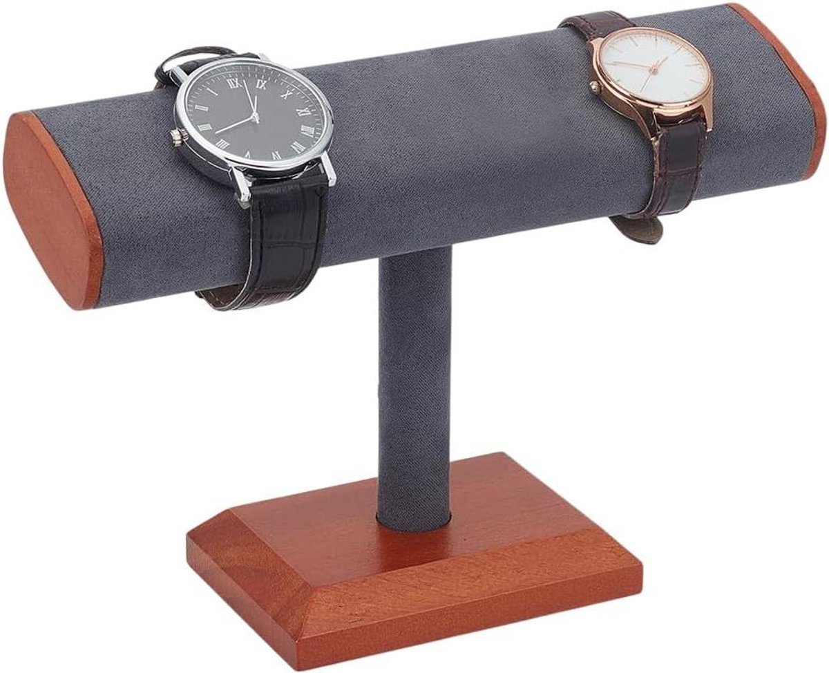 TTGoods - Horlogestandaard van massief hout voor sieraden - grijs - tafelblad sieradentoren met imitatie suède - horlogebandjes showcase