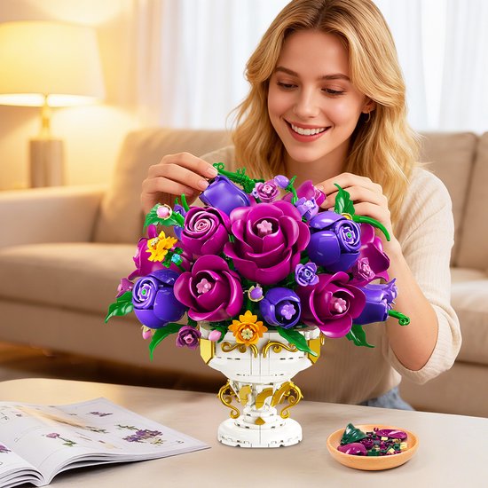 PLAXSOON Paarse Rozen Bouwpakket - 969 Delen Bloemen Boeket met Vaas - 18 Rozen Bonsai Plant Bouwsets - Huisdecoratie Spleegoed voor Kinderen Volwassenen
