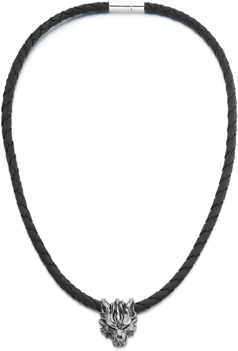 Provento - Ketting met wolfskop voor heren, gevlochten leren koord zwart, vintage wolf-hanger, gothic, Viking stijl
